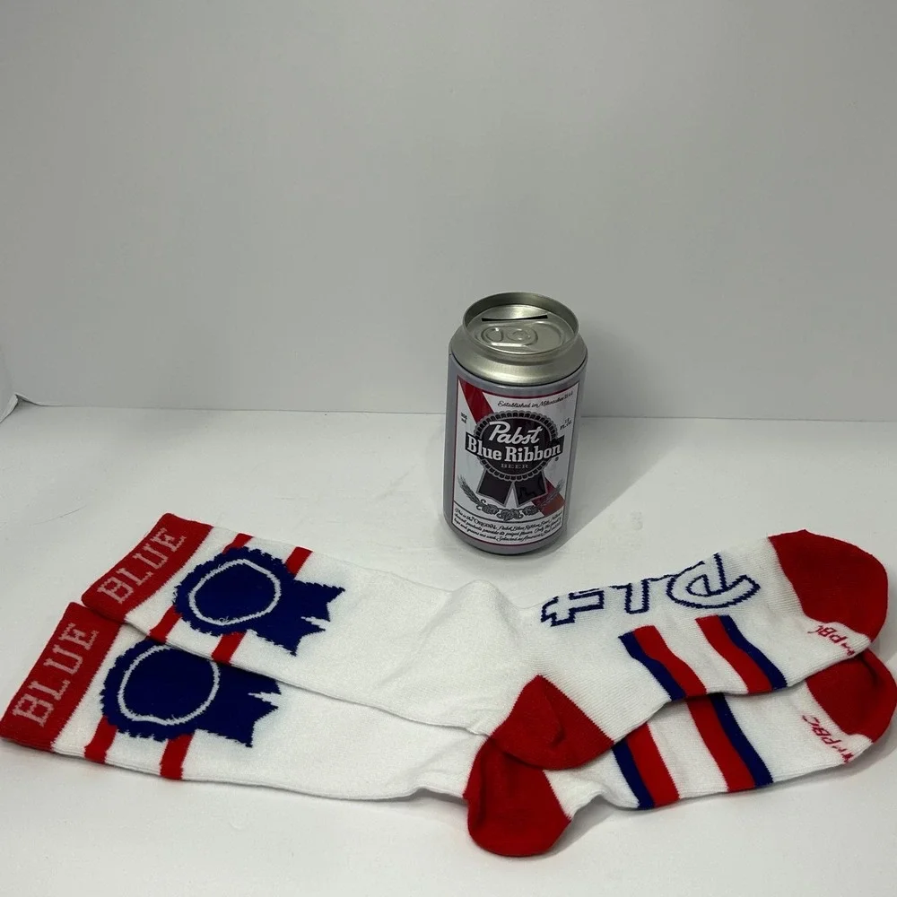 Pabst Blue Ribbon PBR Crew Socks in Collectible Beer Can Tin Bank White Red Blue